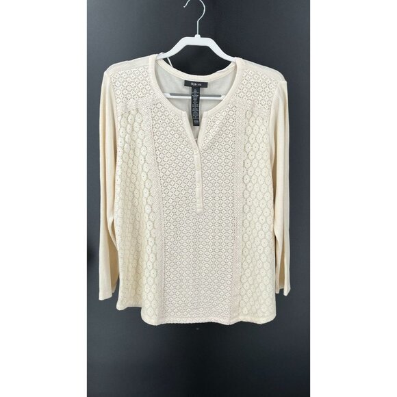 Style & Co Thermal Knit Long Sleeve Top Size XL lace Front Warm Ivor V Neck NWT - Picture 1 of 12